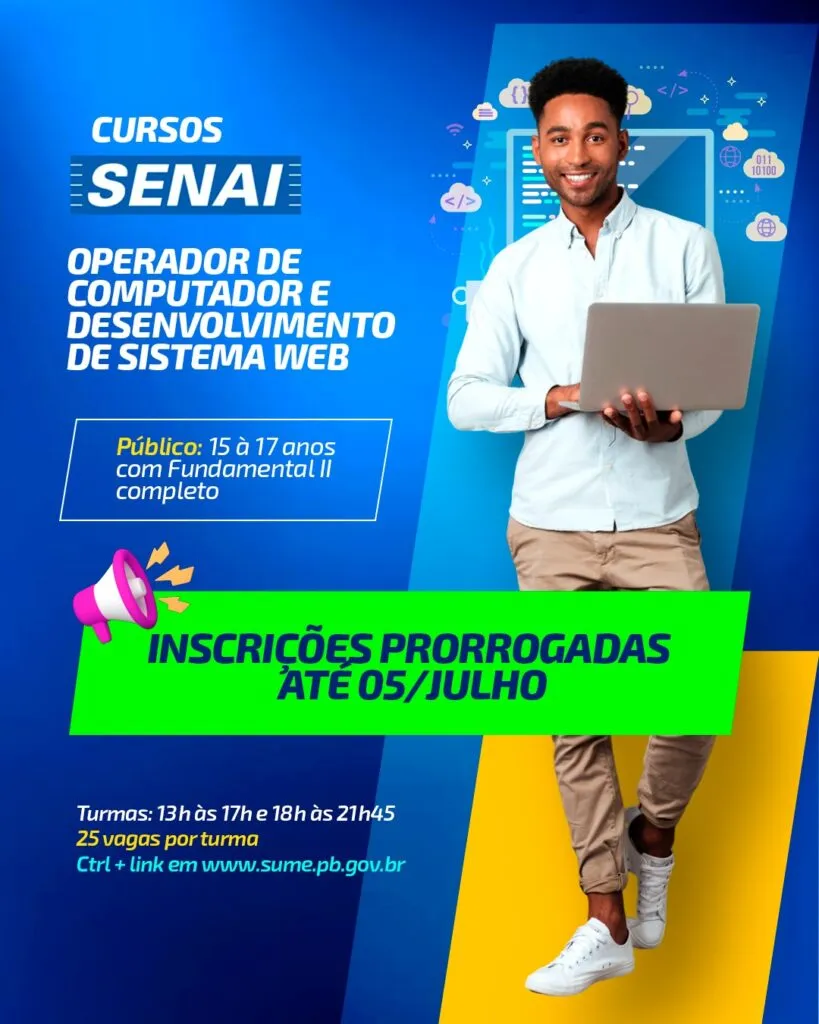 Prorrogadas as Inscrições para os cursos de informática do SENAI em Sumé