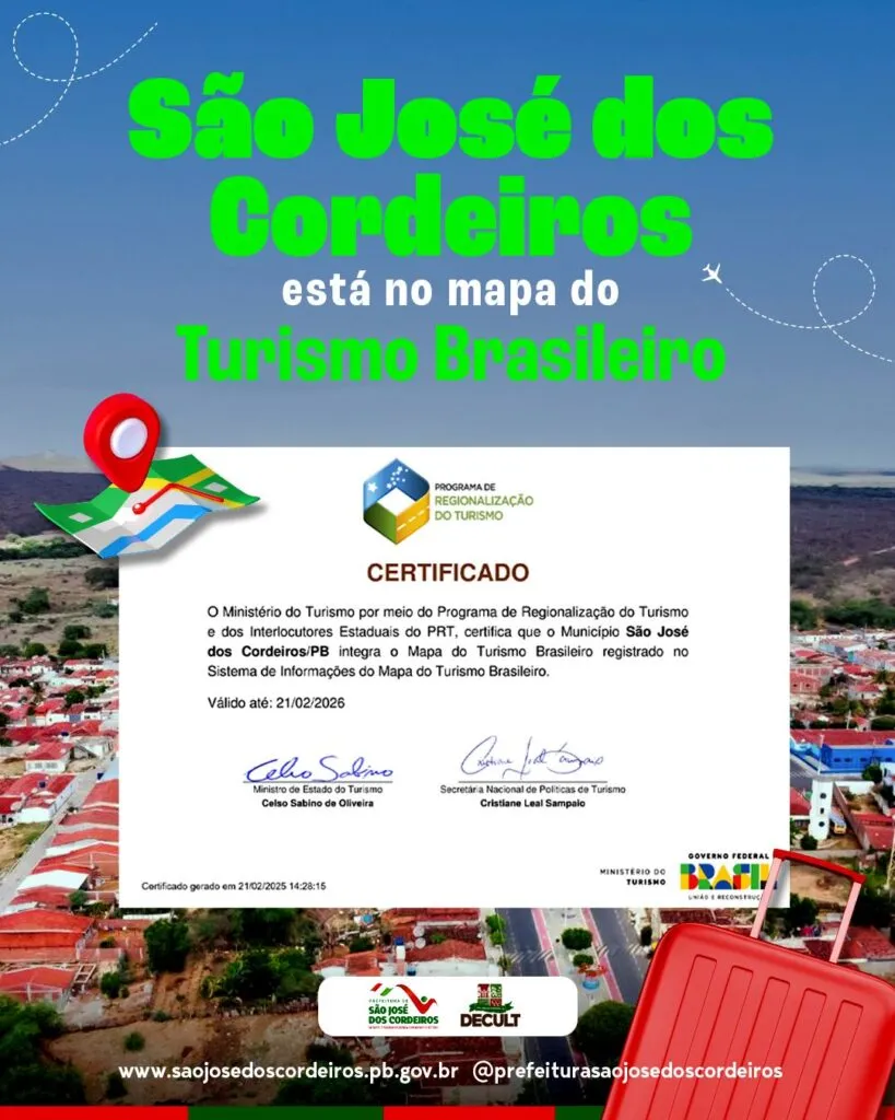 São José dos Cordeiros recebe certificação e passa a integrar o Mapa do Turismo Brasileiro