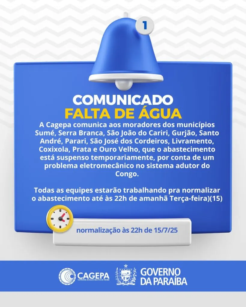 Cagepa suspende abastecimento em 11 cidades do Cariri e prevê retorno até terça (15)