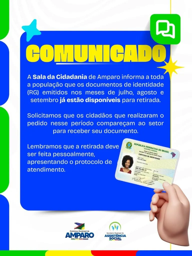 Sala da Cidadania de Amparo convoca população para retirada de documentos de identidade