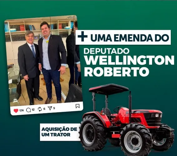 Deputado Wellington Roberto destina trator agrícola para fortalecer a agricultura familiar em Prata