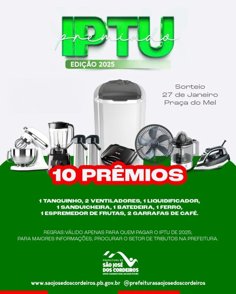 Prefeitura de São José dos Cordeiros realizará sorteio de prêmios para contribuintes do IPTU 2025