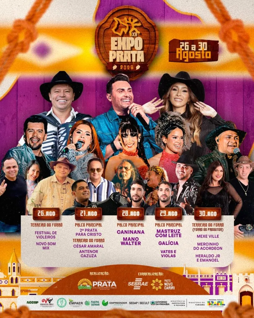 ExpoPrata 2026 divulga programação oficial com Mano Walter, Mastruz com Leite e Caninana